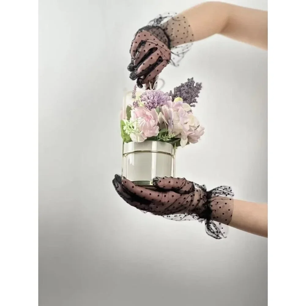 Women's Vintage Black Dots Mesh Tulle Short Lace Gloves Semi Sheer Party Costume